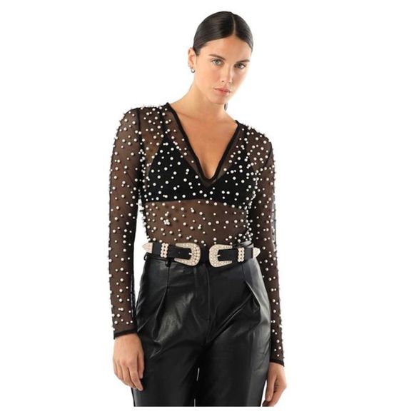 Vici Tops - Vici Salt long sleeve pearl mesh deep v long sleeve bodysuit black, M